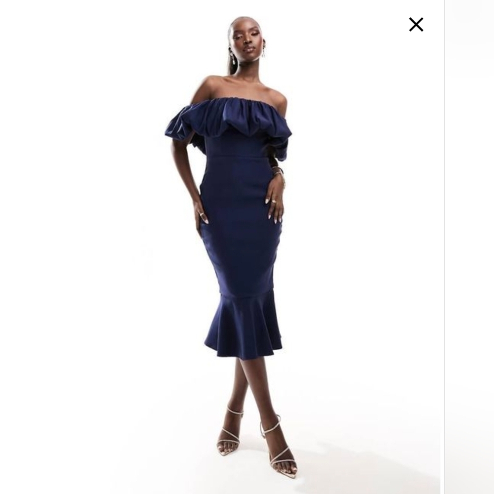 True Violet Ruffle Midi Off Shoulder Dress in Navy Sz 4 (UK Sz 8) ASOS